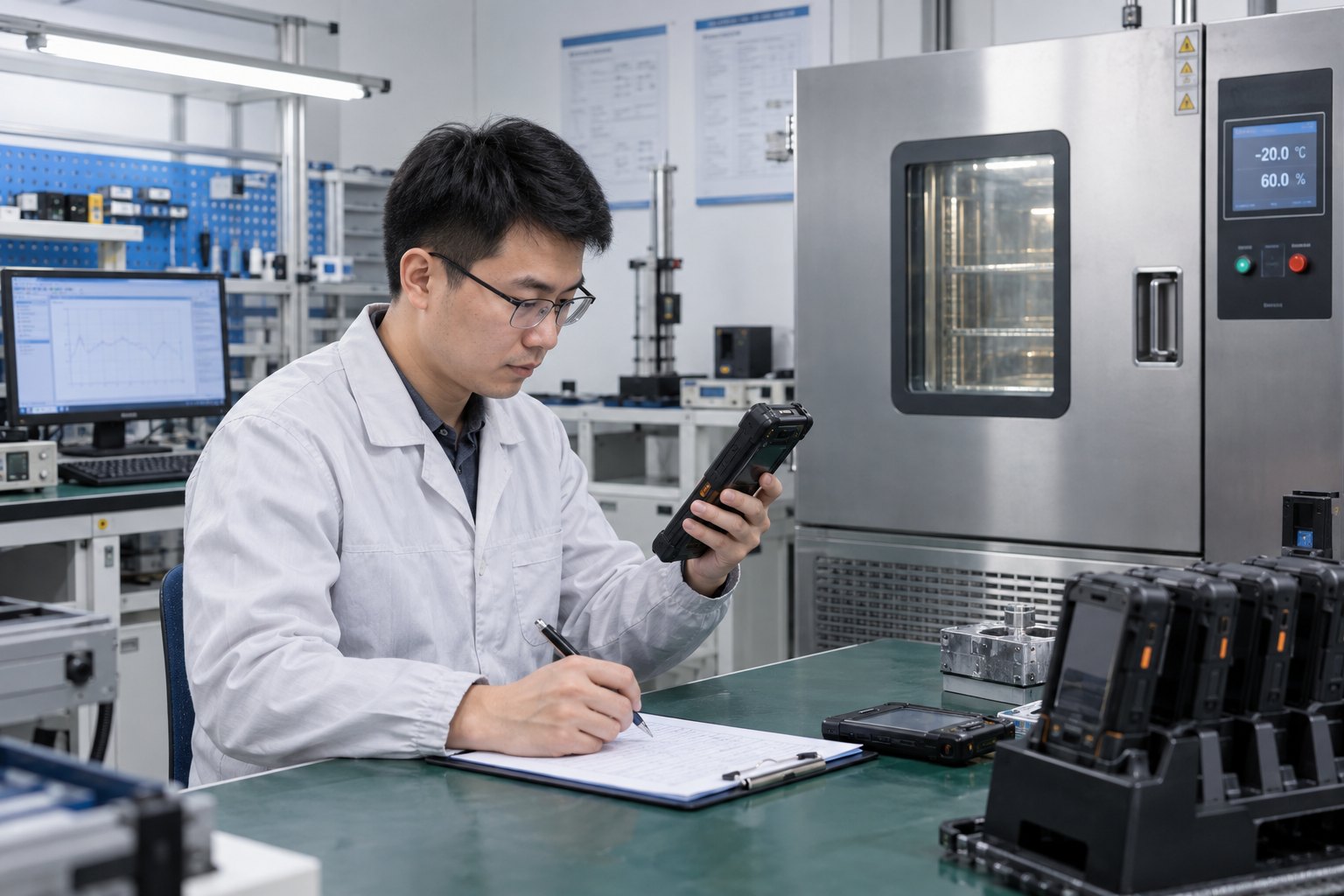 Rugged tablet undergoing environmental and reliability testing in a quality laboratory