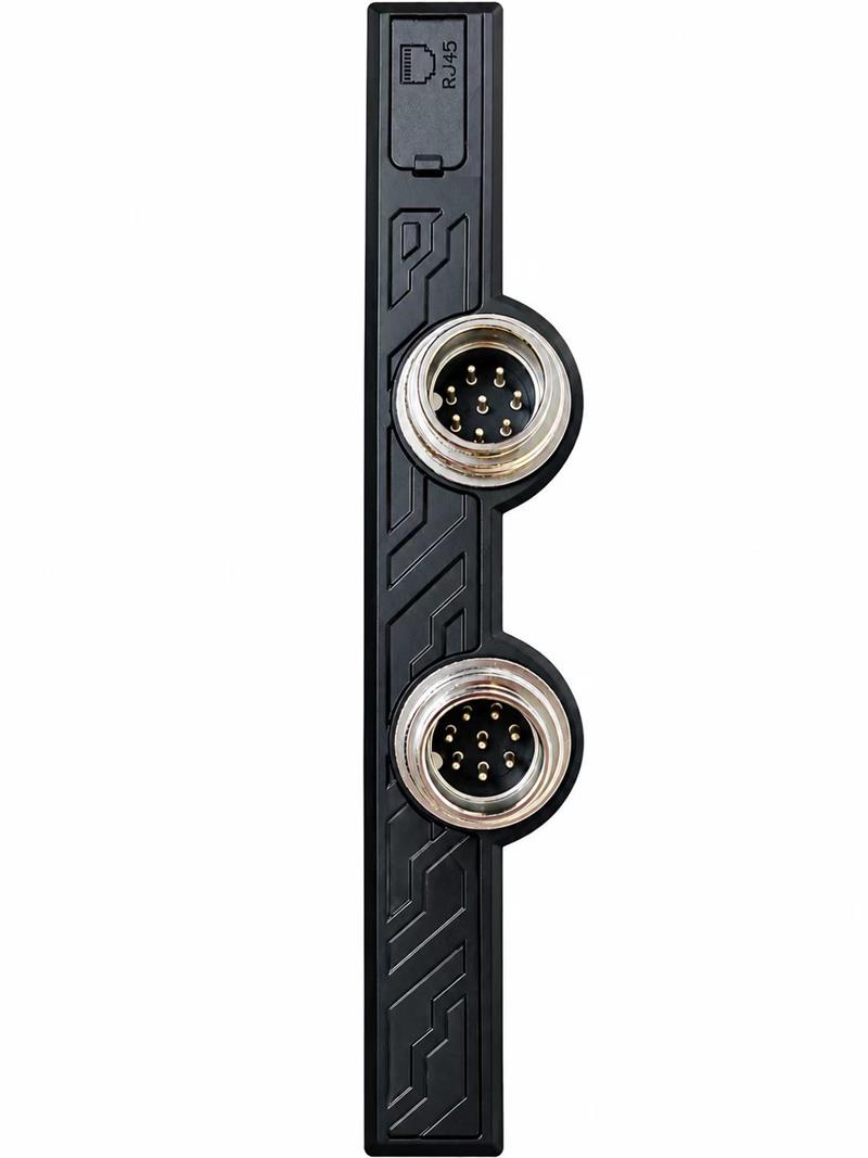 Two threaded circular aviation connectors and a covered RJ45 port on the side of the XH-400 industrial tablet