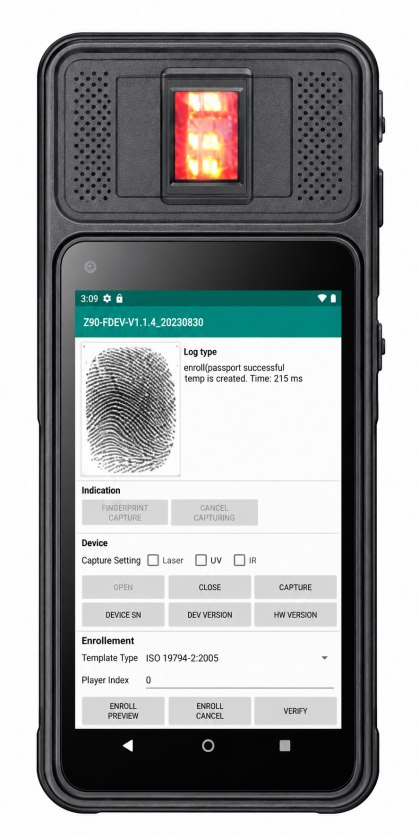 XH-100 biometric handheld terminal with fingerprint capture and 2D scanning in one unit